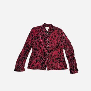 Gianni Burgundy Velvet Patterned Button Up Shirt Women's Red and Burgundy Blouse